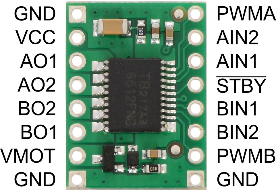 TB6612FNG dual motor driver carrier, top view with pads labeled.